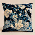 Indigo Peacock Cushion — cream-embroidered peacock and peonies on indigo velvet