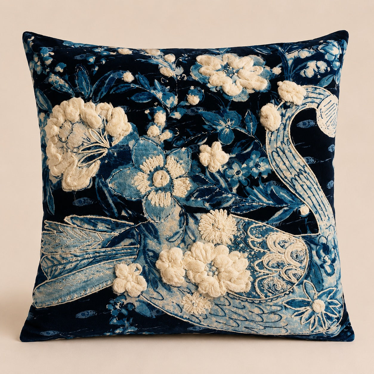Indigo Peacock Cushion — cream-embroidered peacock and peonies on indigo velvet