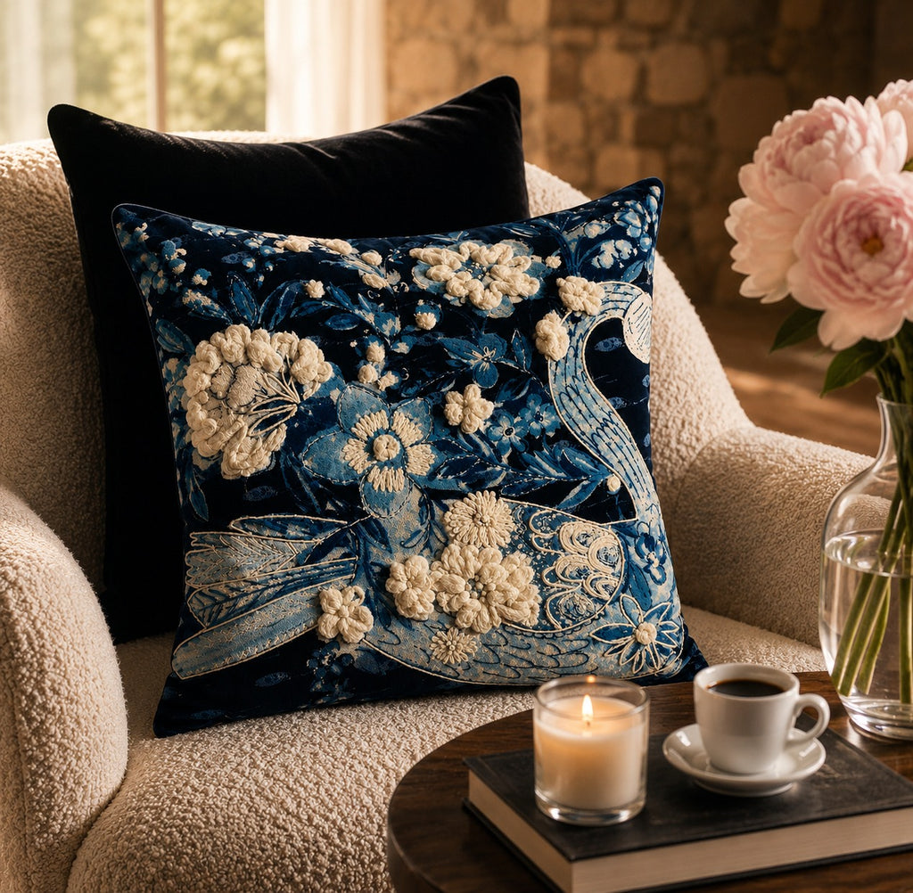Indigo Peacock Cushion styled on a cream armchair beside pink peonies