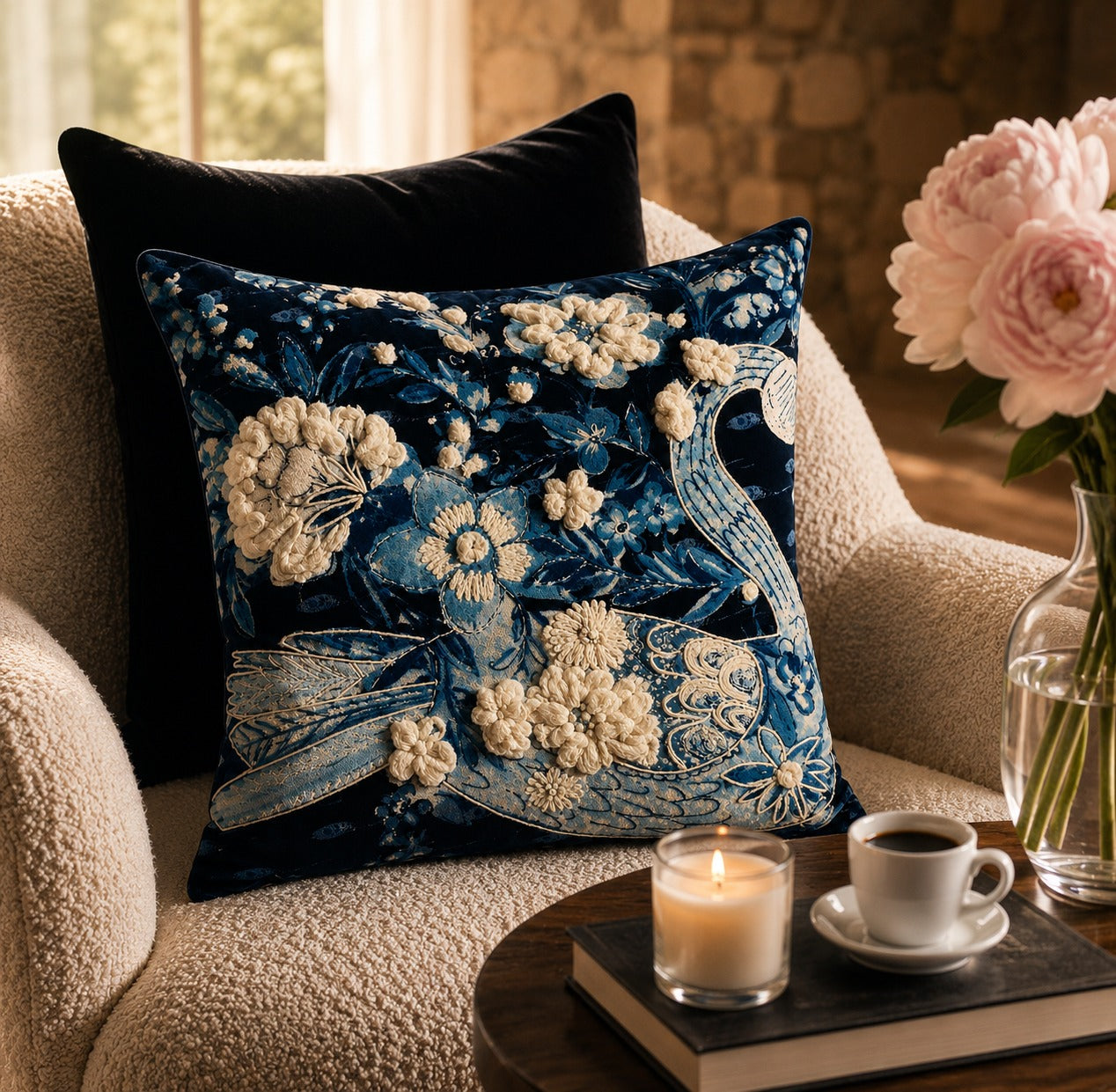 Indigo Peacock Cushion styled on a cream armchair beside pink peonies