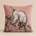 Ink Cat Cushion — grey ink-and-wash cat among pink roses on dusty-rose velvet