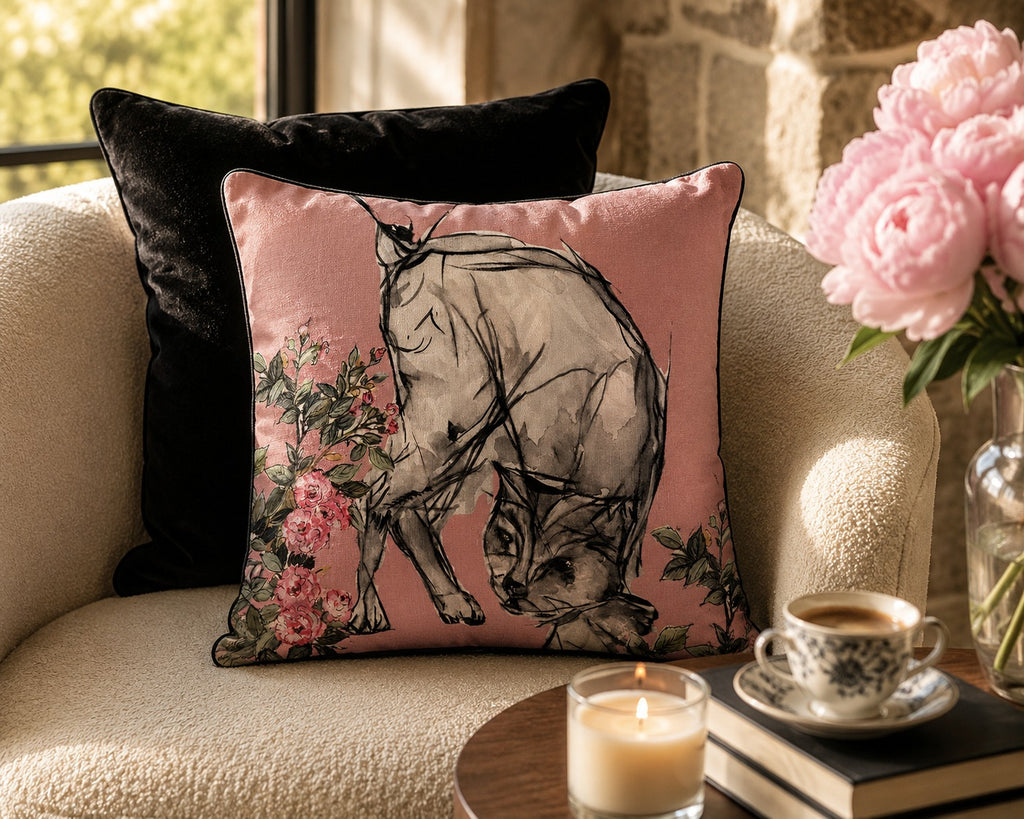 Ink Cat Cushion styled on a cream boucle chair beside pink peonies
