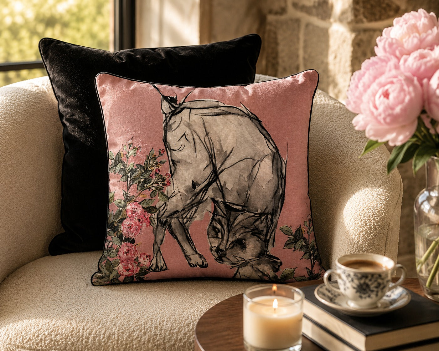Ink Cat Cushion styled on a cream boucle chair beside pink peonies
