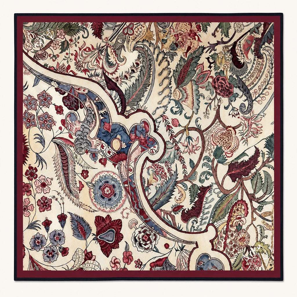 Jacobean Paisley silk pocket square — blue and red paisley on cream with a maroon border, flat catalogue