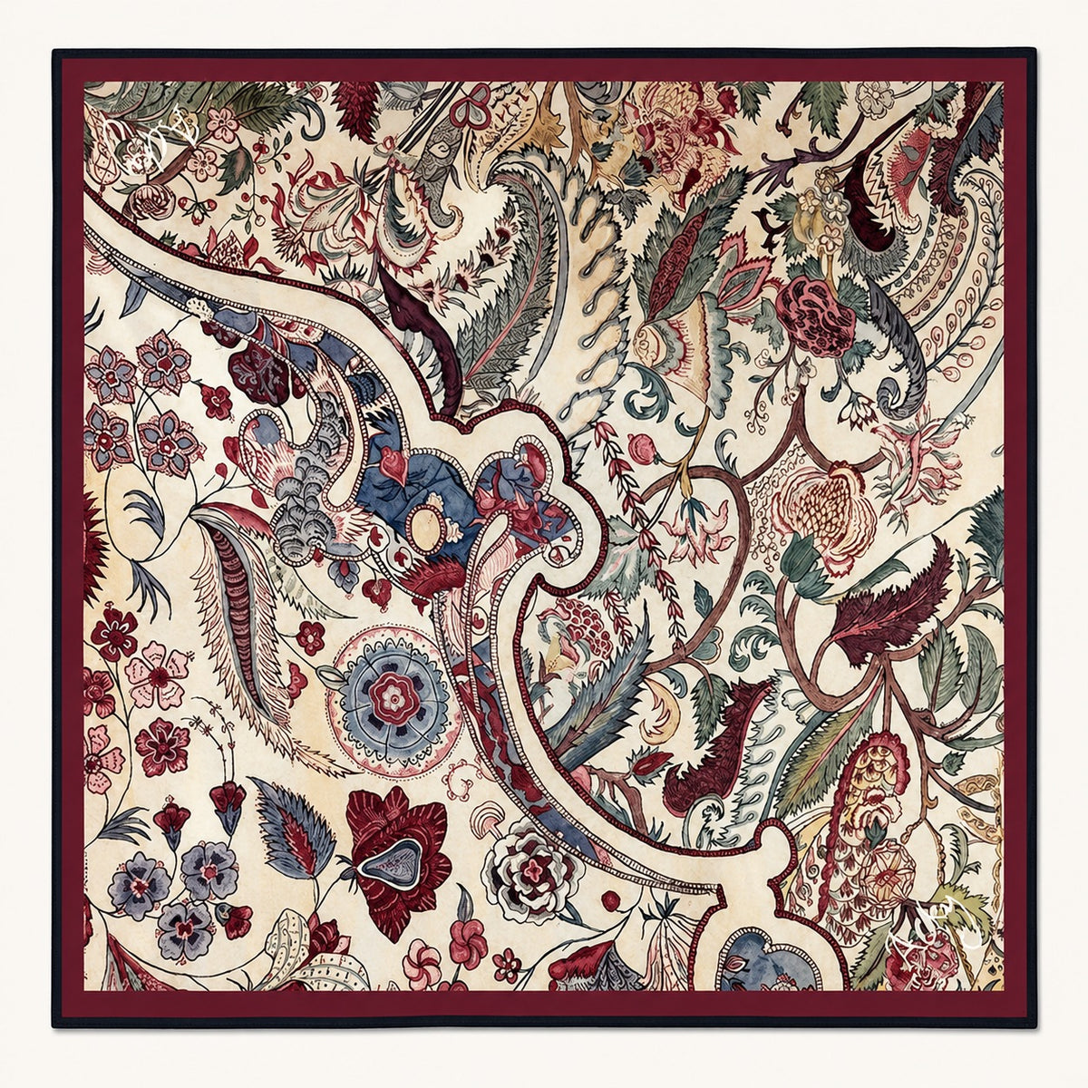 Jacobean Paisley silk pocket square — blue and red paisley on cream with a maroon border, flat catalogue