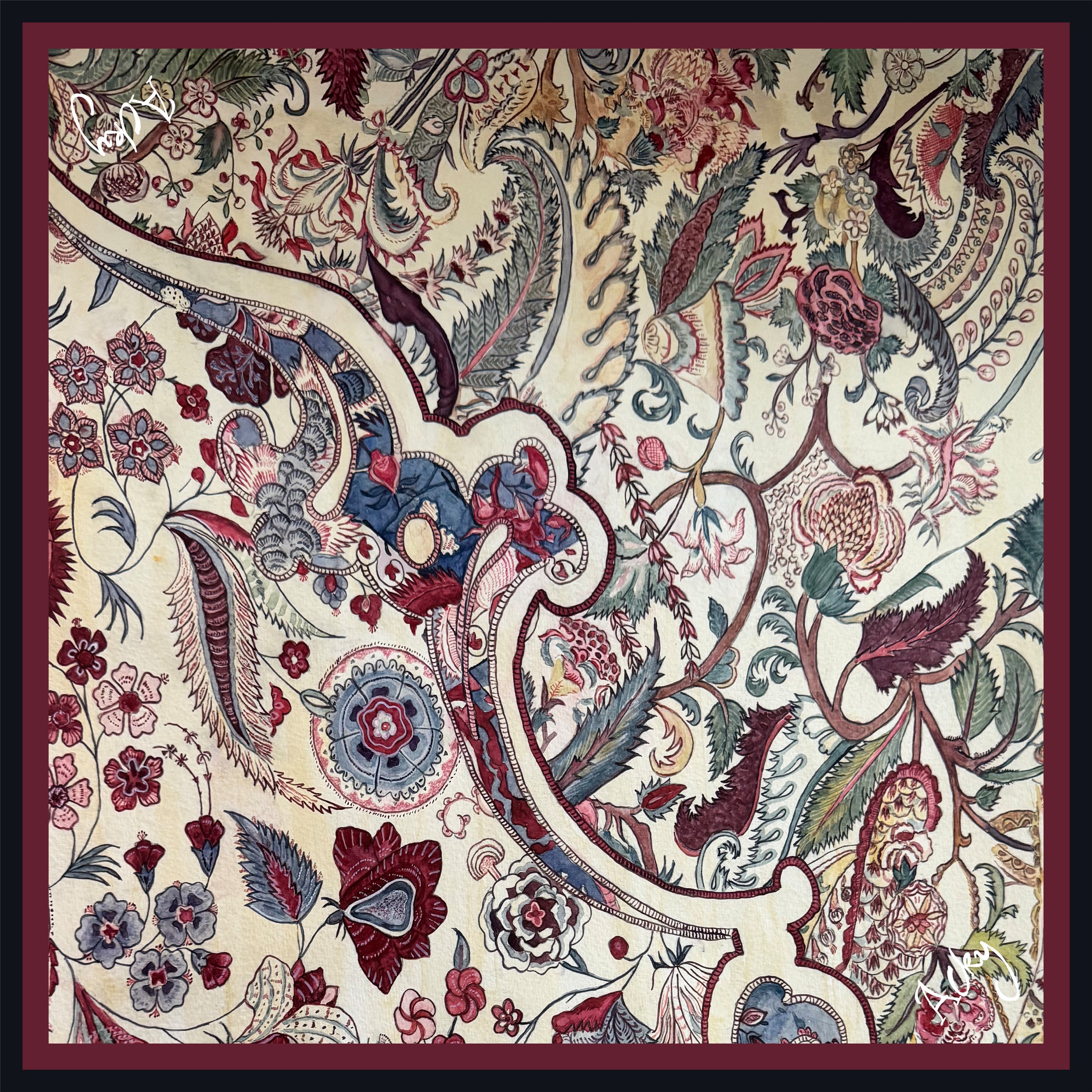Jacobean paisley hand-painted silk scarf, 40x40 large square