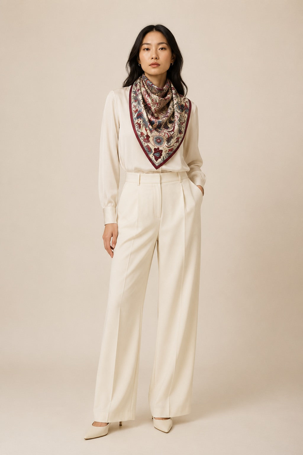 Model wearing the Jacobean Paisley silk scarf as a neckerchief