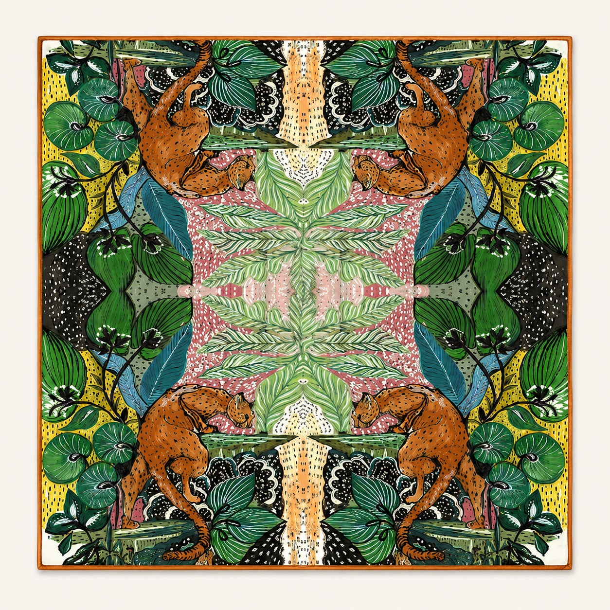 Jungle Caracal silk scarf, 40x40 — mirrored jungle cats and foliage with burnt-orange border, satin flat lay
