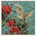 Kyoto silk scarf, 40x40 — hand-painted crane and red lotus on jade green, satin flat lay