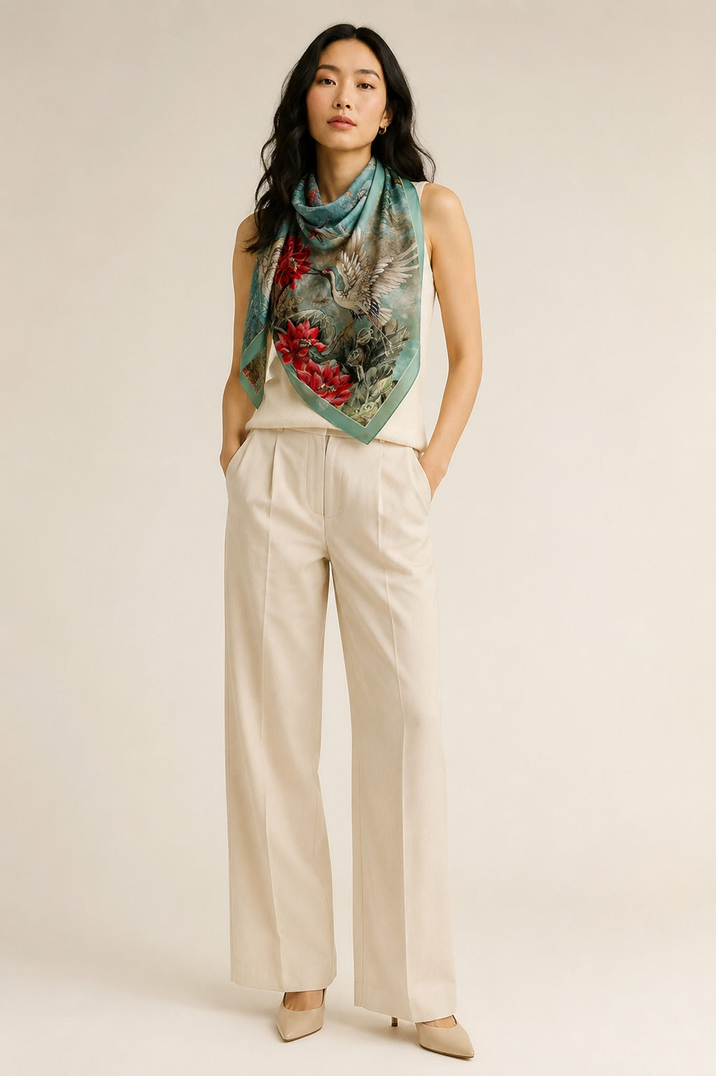 Model wearing the Kyoto silk scarf knotted at the neck with cream tailoring