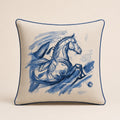 Leaping Horse Cushion — indigo brushwork horse on ivory linen with navy piping