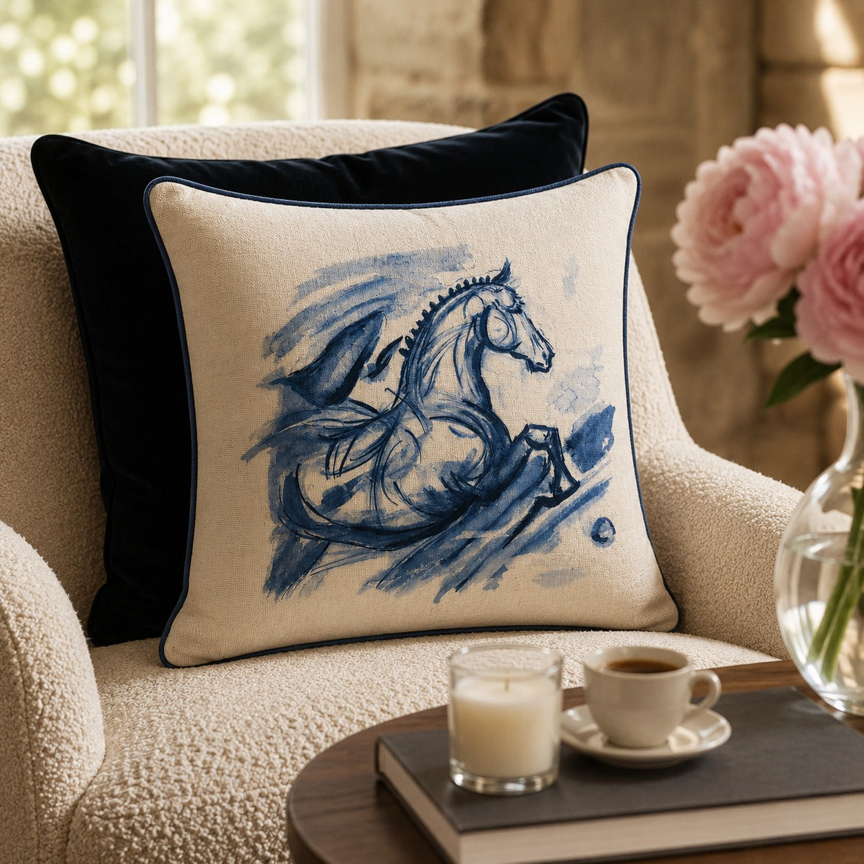 Leaping Horse Cushion styled on an armchair beside pink peonies