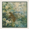 Leopard Oasis silk scarf, 40x40 — leopard drinking among white roses and blossom pool, forest green border, satin flat lay