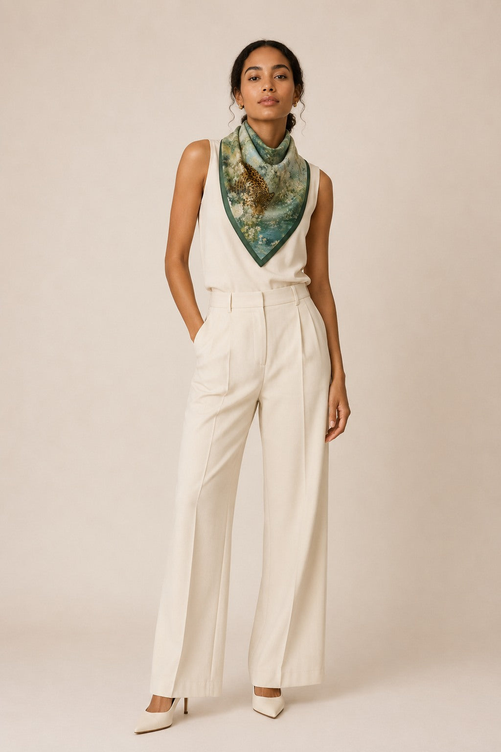 Model wearing the Leopard Oasis silk scarf knotted at the neck with cream tailoring