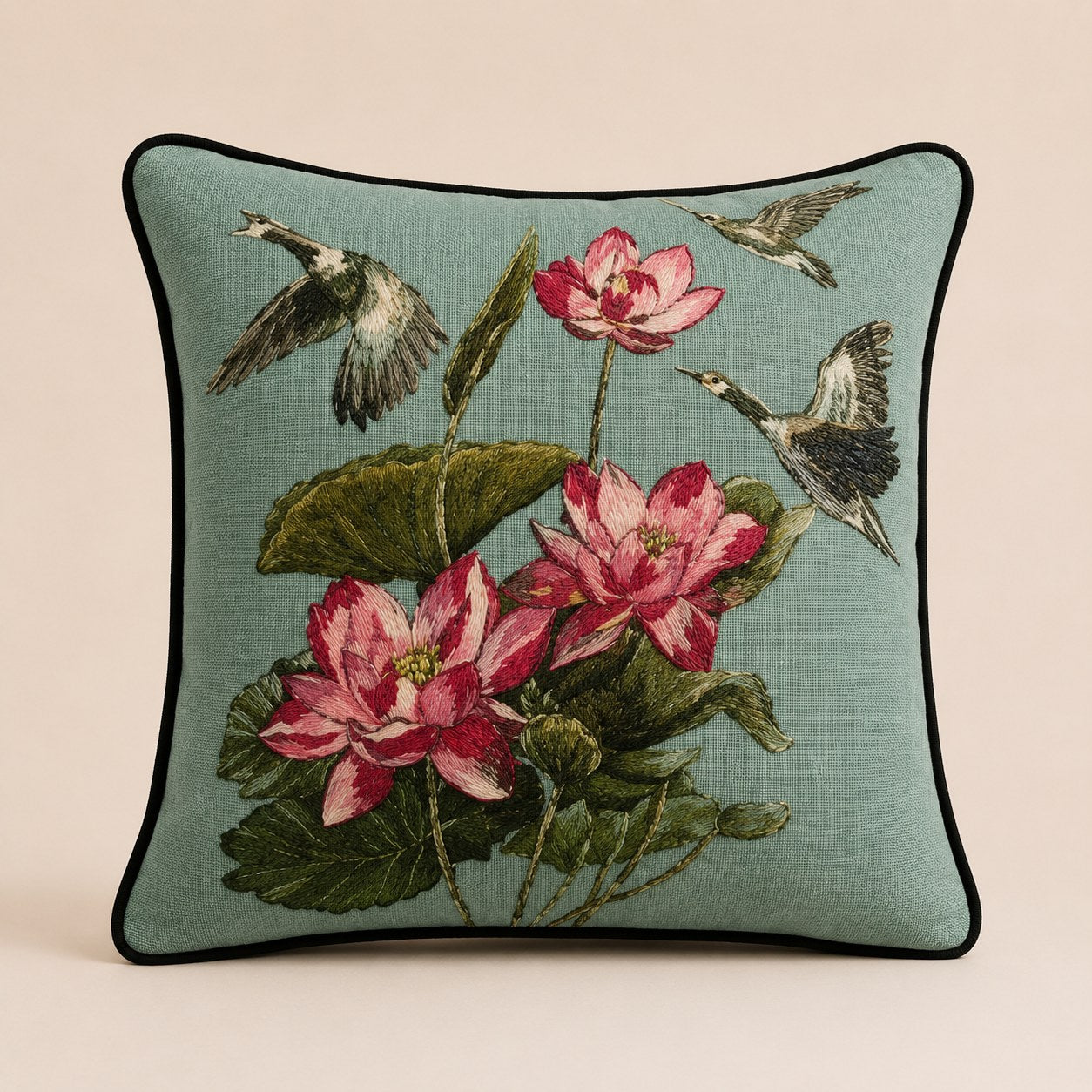 Lotus Heron cushion in sea-green linen with black piping, herons flying above lotus flowers