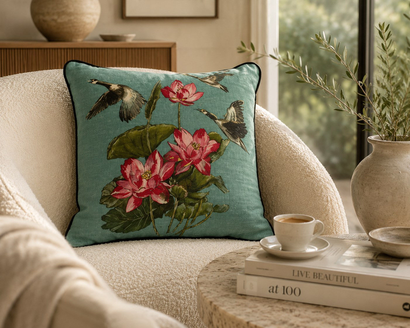 Lotus Heron cushion resting on a cream boucle armchair beside a window