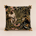 Macaque Botanical Cushion — monkey among gilded ferns and roses on black velvet with gold bead corners
