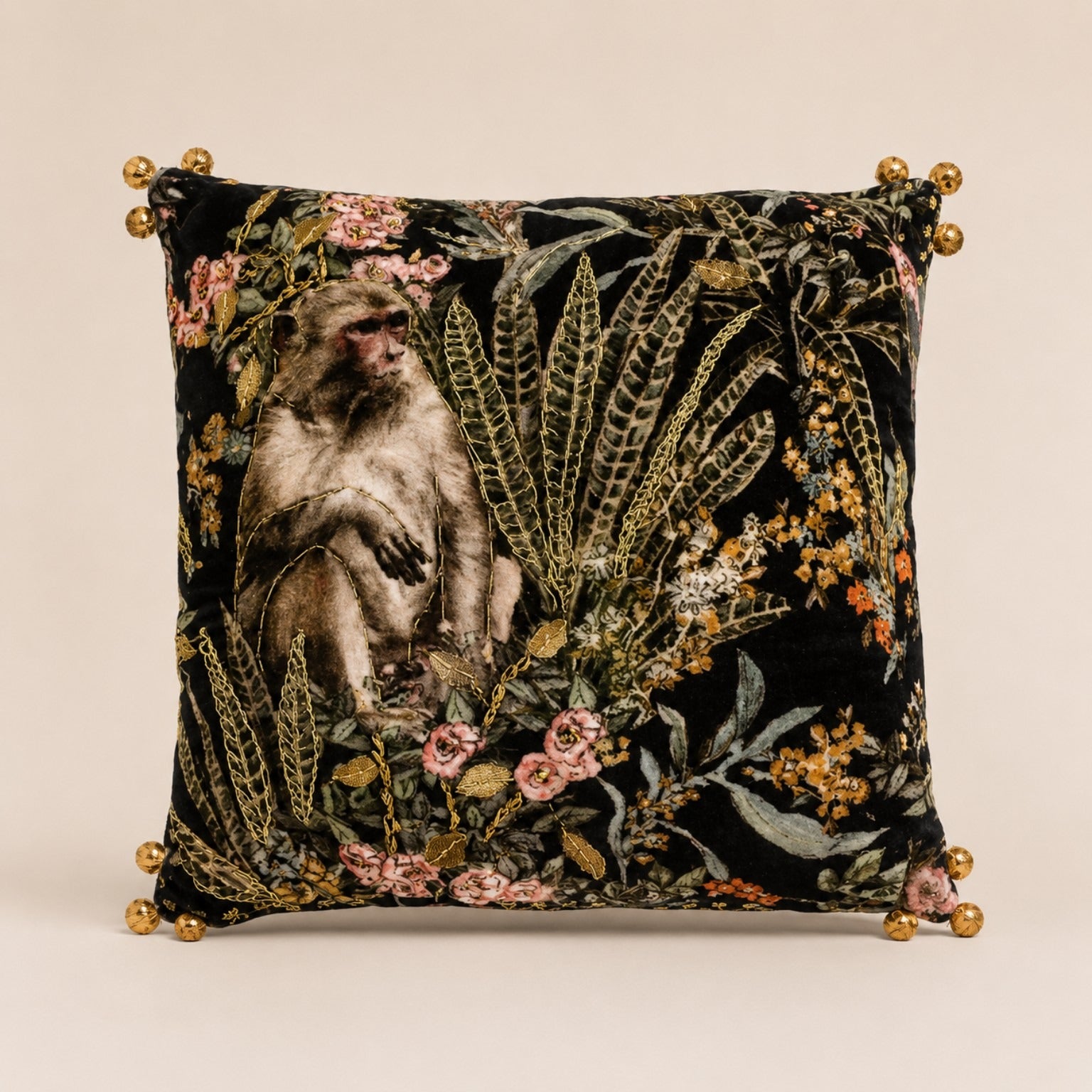 Macaque Botanical Cushion — monkey among gilded ferns and roses on black velvet with gold bead corners