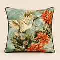 Maiden cushion — cream crane and scarlet lilies on mottled sage velvet with black piping, flat catalogue