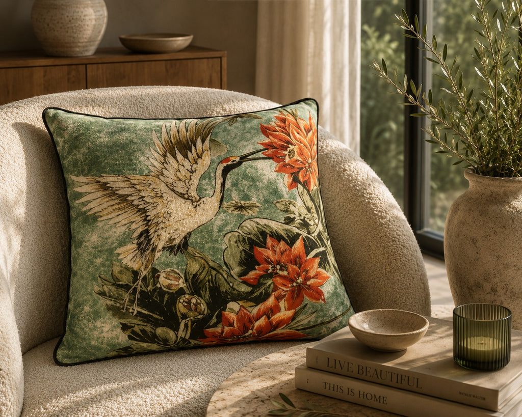 Maiden cushion on a cream bouclé armchair in morning light