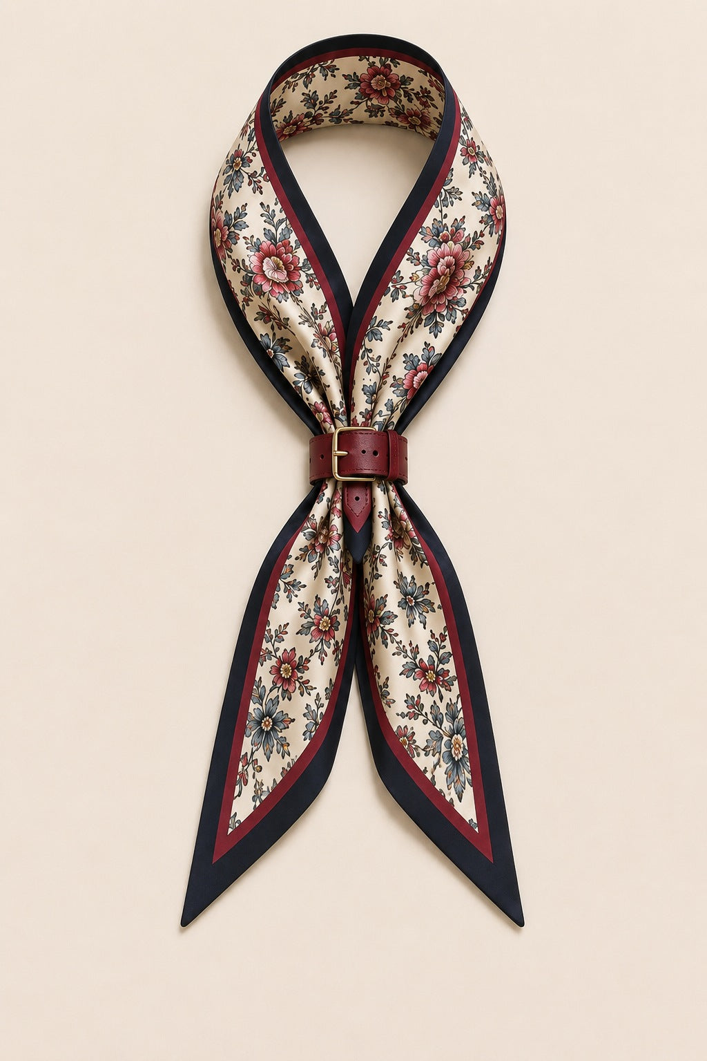 Maroon belting scarf looped through a burgundy leather belt, flat catalogue