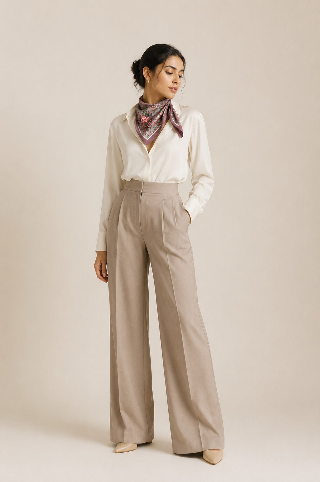 Model wearing the Mauve Rose silk scarf
