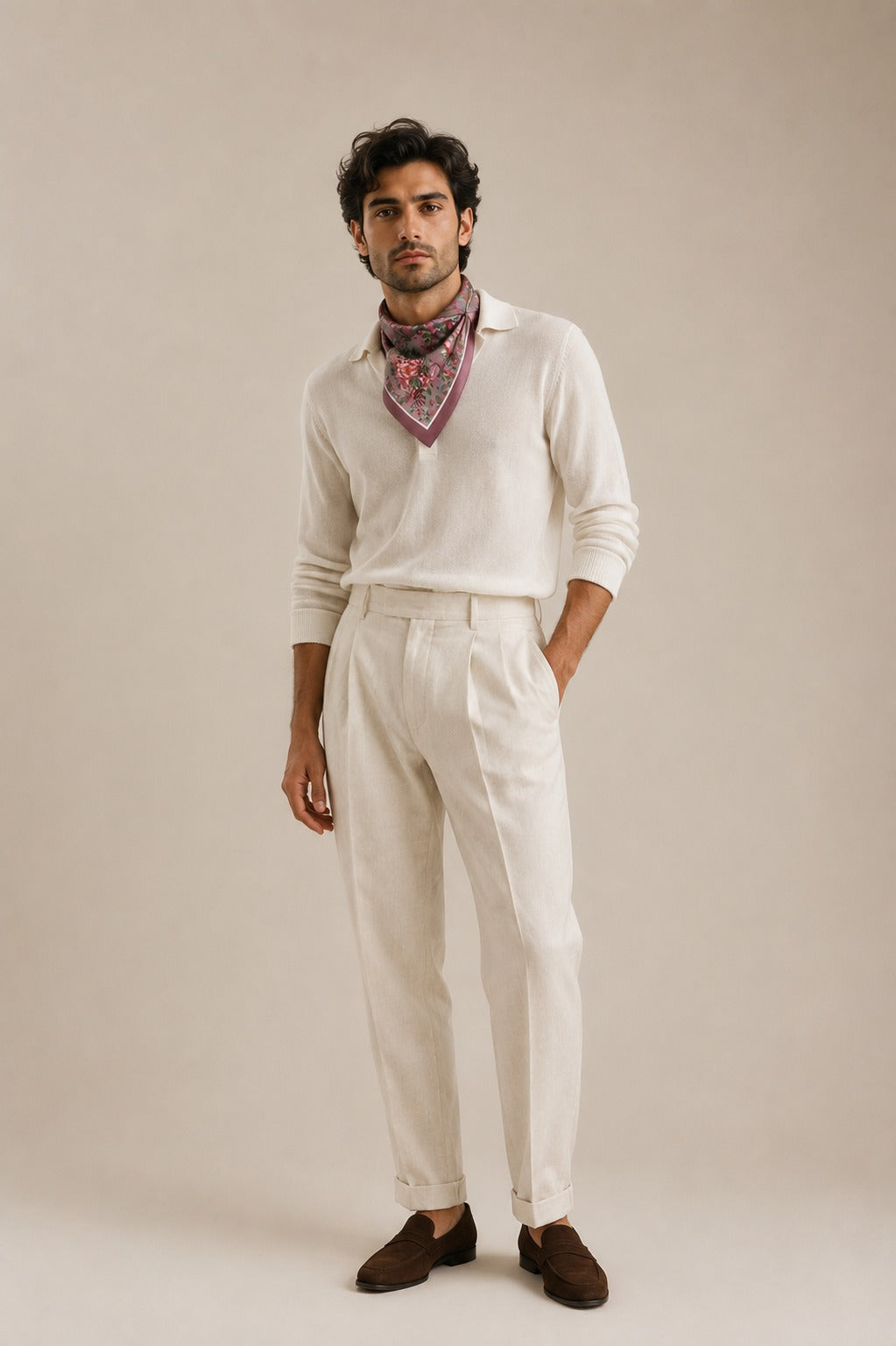 Model wearing the Mauve Rose silk scarf
