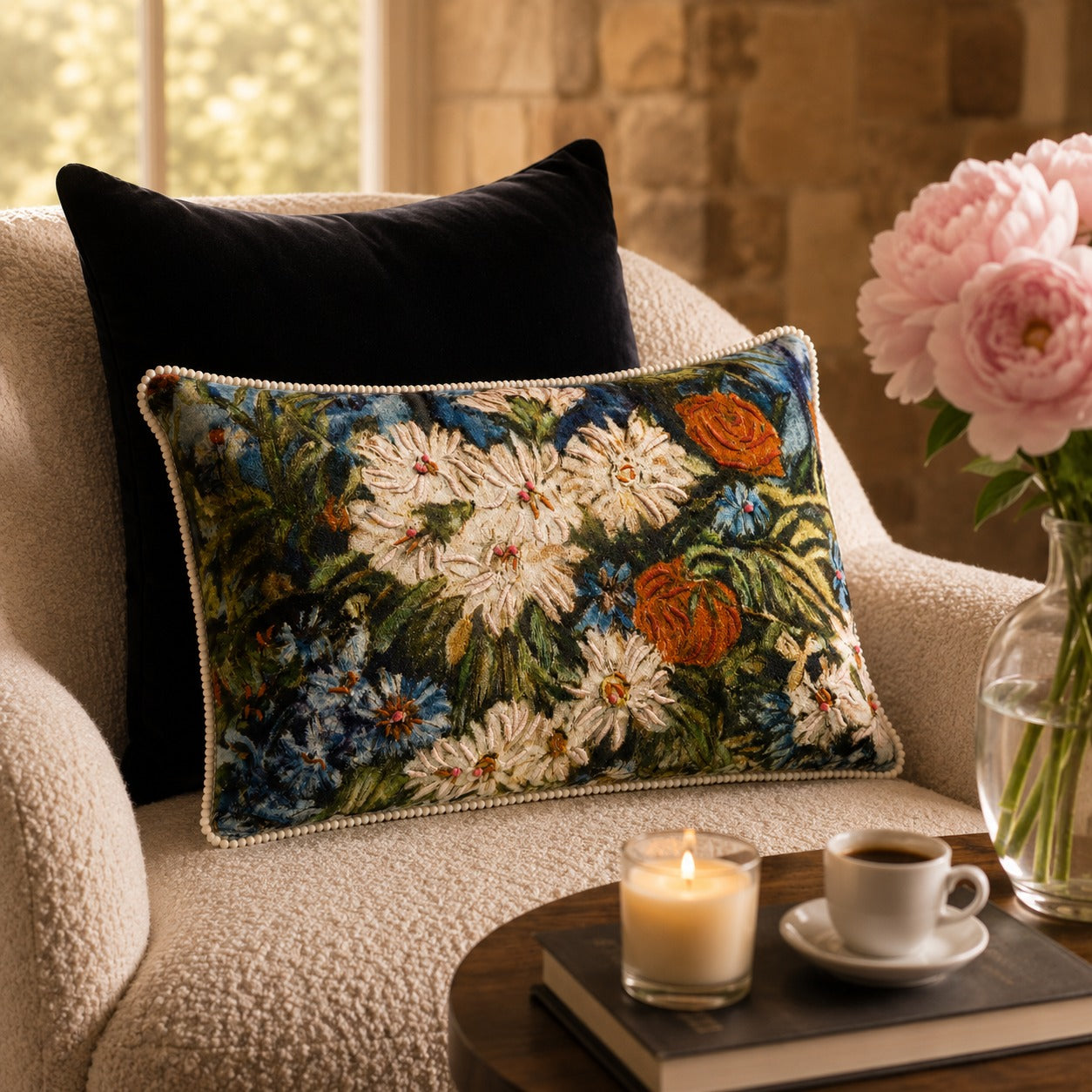 Meadow Daisy Cushion styled on a cream armchair beside pink peonies