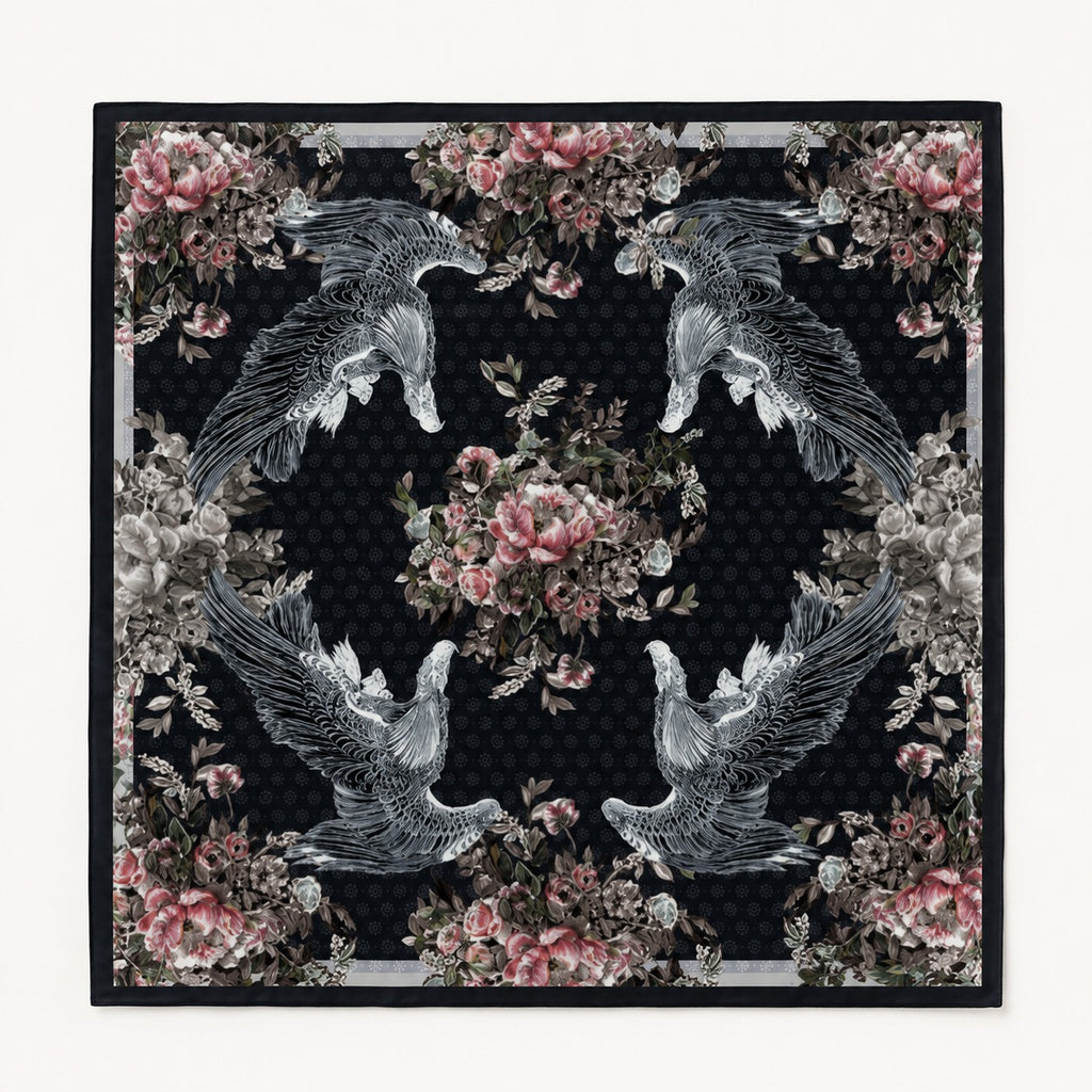 Midnight Crane classic silk scarf — flat lay of the hand-painted print