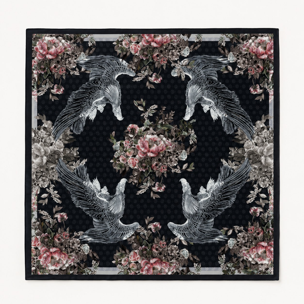 Midnight Crane classic silk scarf — flat lay of the hand-painted print