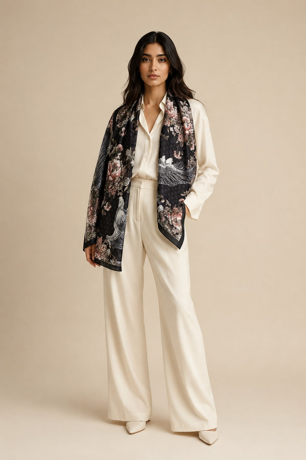 Model wearing the Midnight Crane classic silk scarf