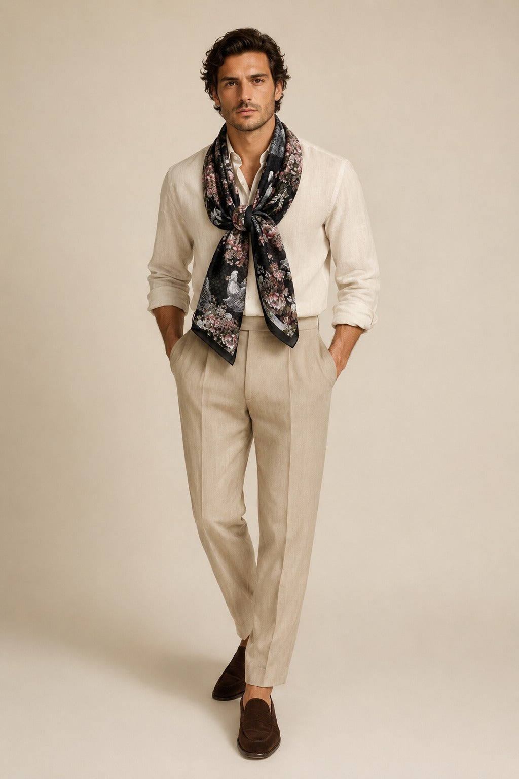 Male model wearing the Midnight Crane classic men's silk scarf