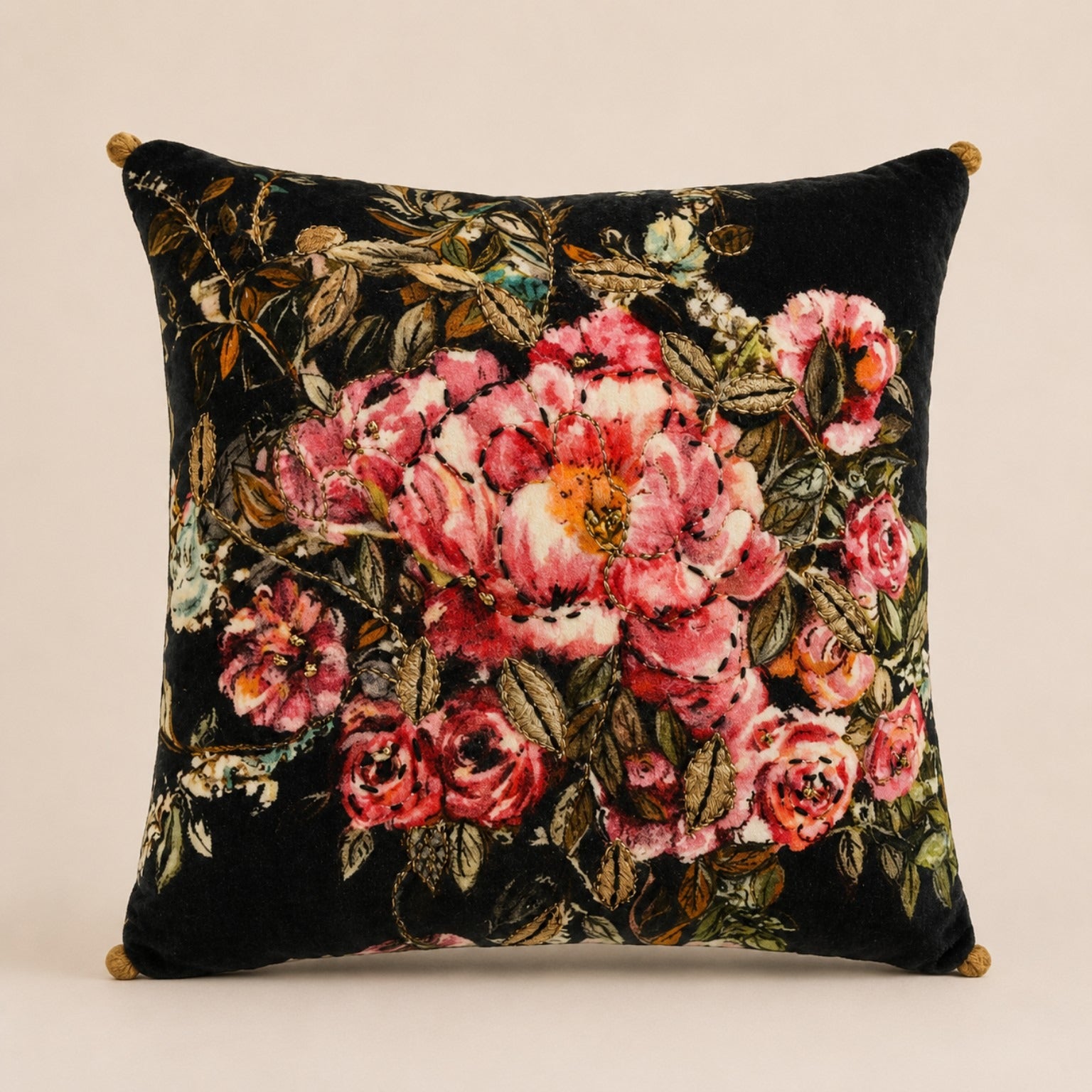 Midnight Rose Cushion — blush roses with gold embroidery on black velvet, gold pom corners