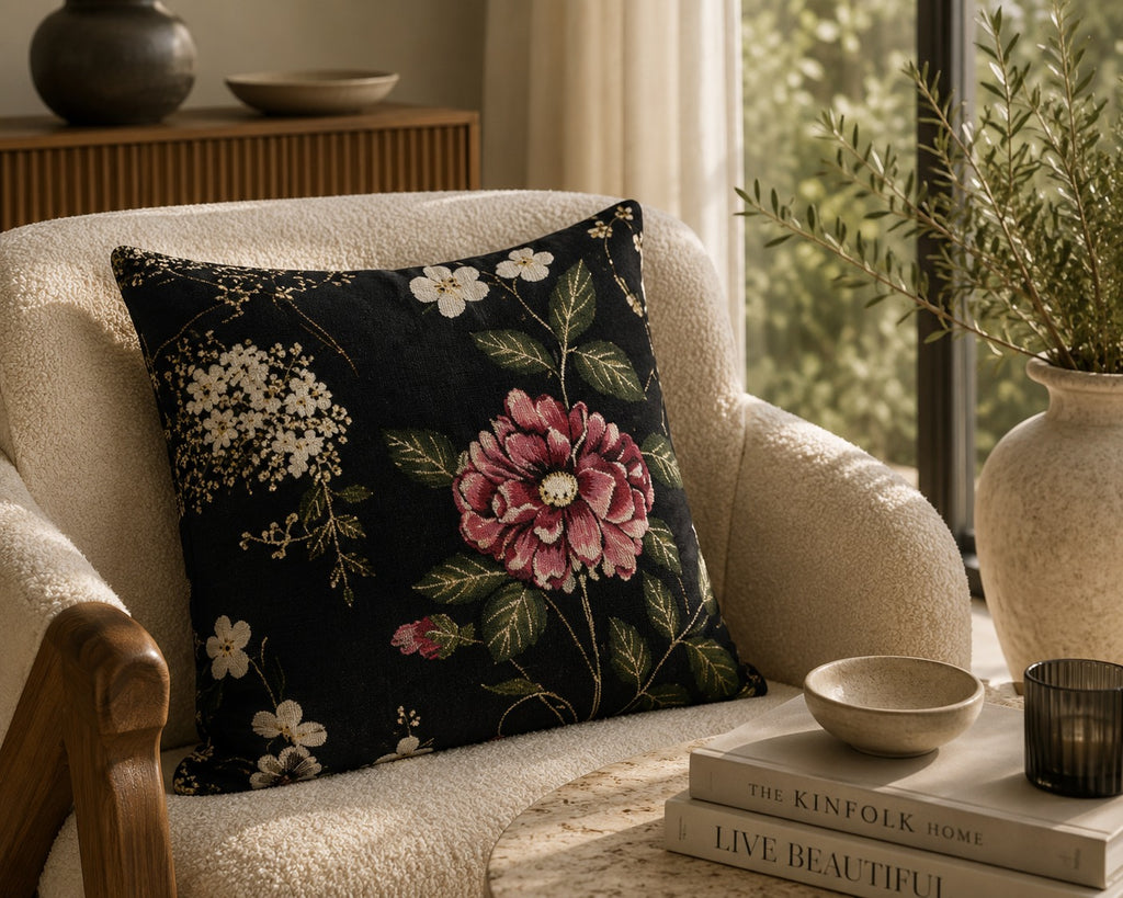 Night Rose cushion on a cream bouclé armchair beside a wooden arm