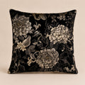 Noir Bloom Cushion — silver and ivory peonies embroidered on black velvet with gold thread