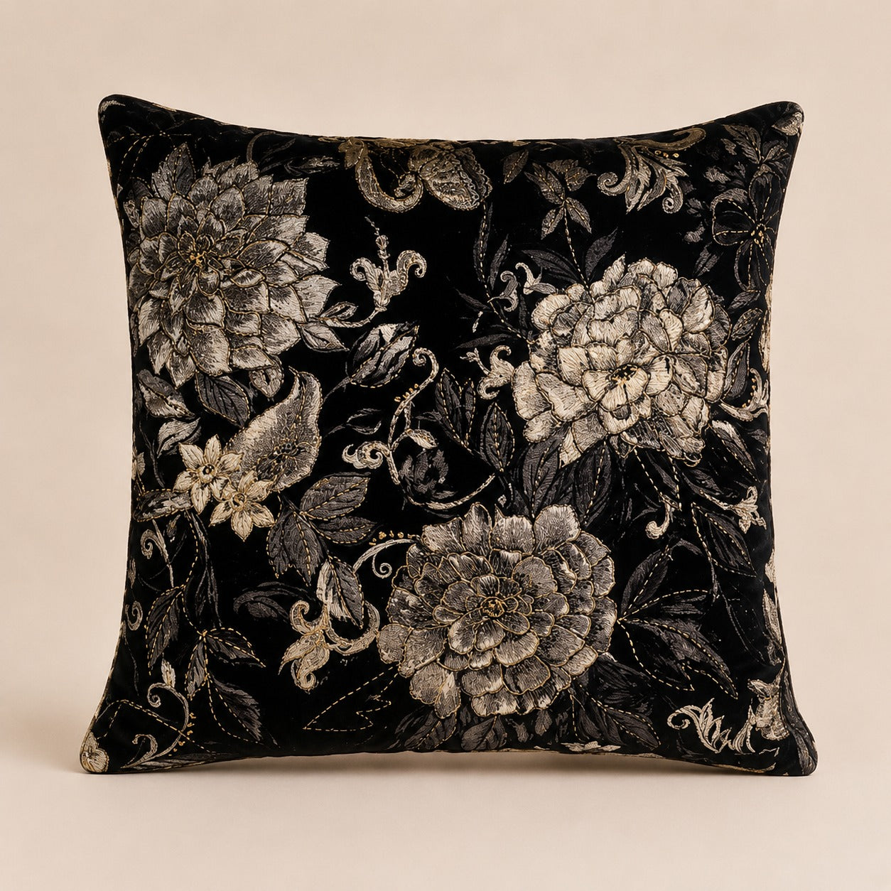Noir Bloom Cushion — silver and ivory peonies embroidered on black velvet with gold thread