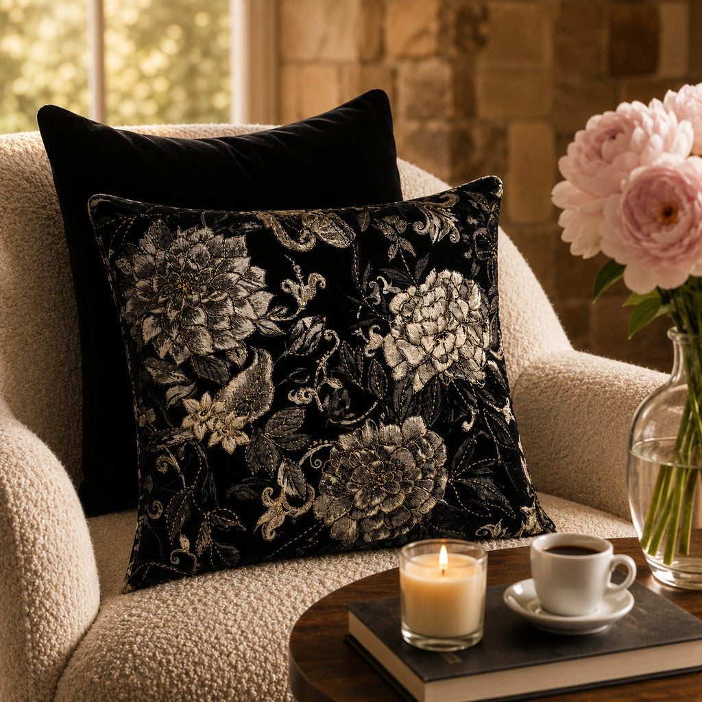 Noir Bloom Cushion styled on a cream armchair beside pink peonies