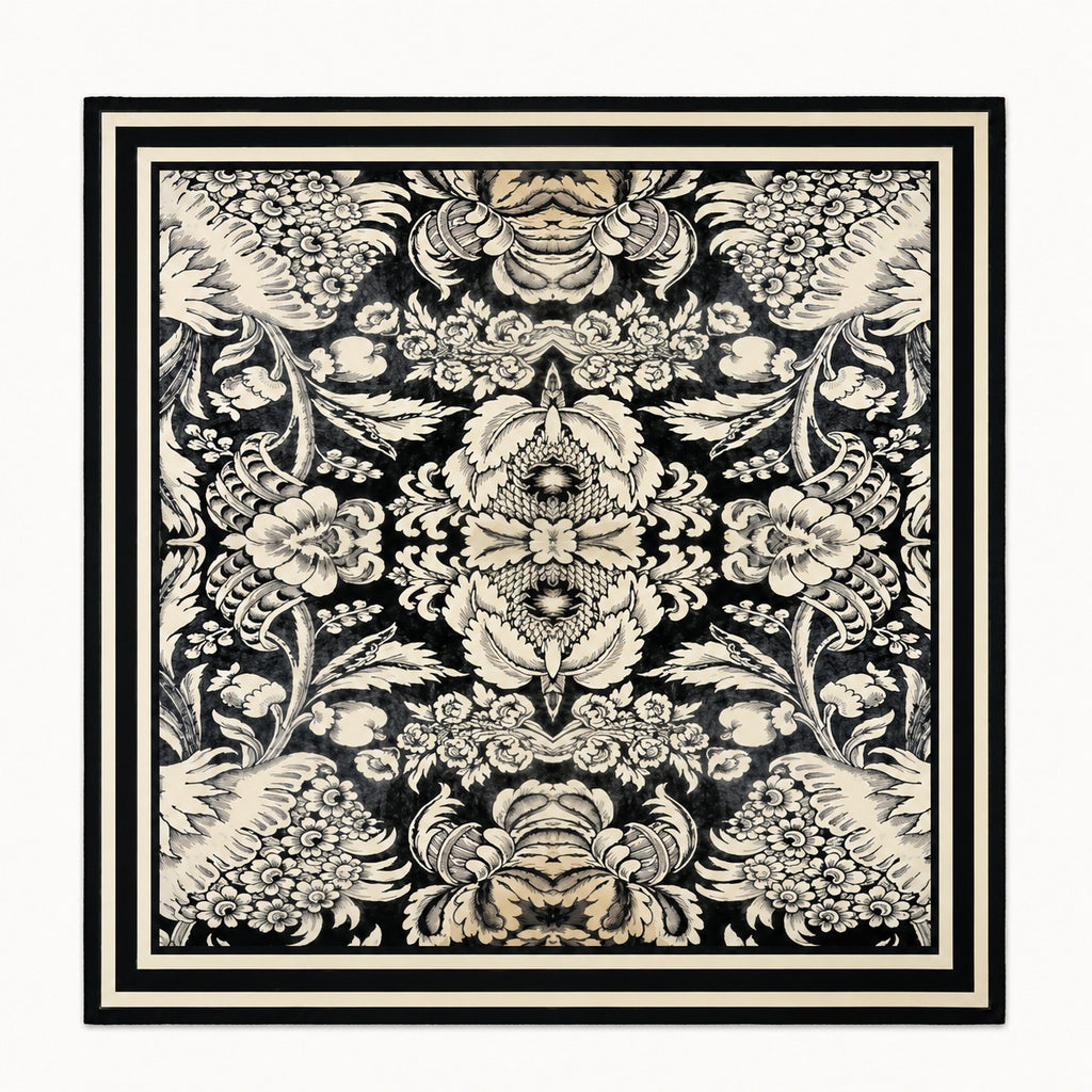 Noir Damask Men's Silk Scarf — flat lay of the hand-painted silk print