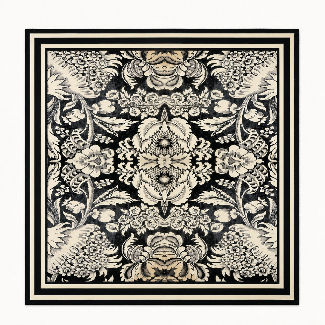 Noir Damask Men's Silk Scarf — flat lay of the hand-painted silk print