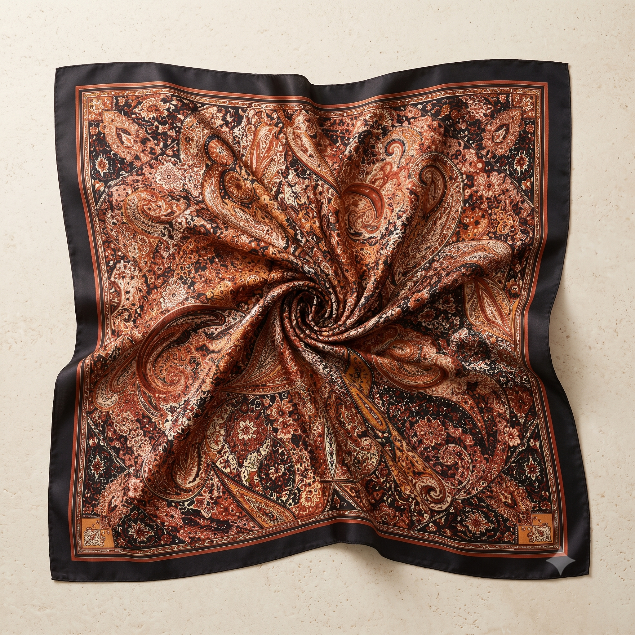 Paisley Silk Scarf - Brown colourway, hand-painted amber paisley flat lay