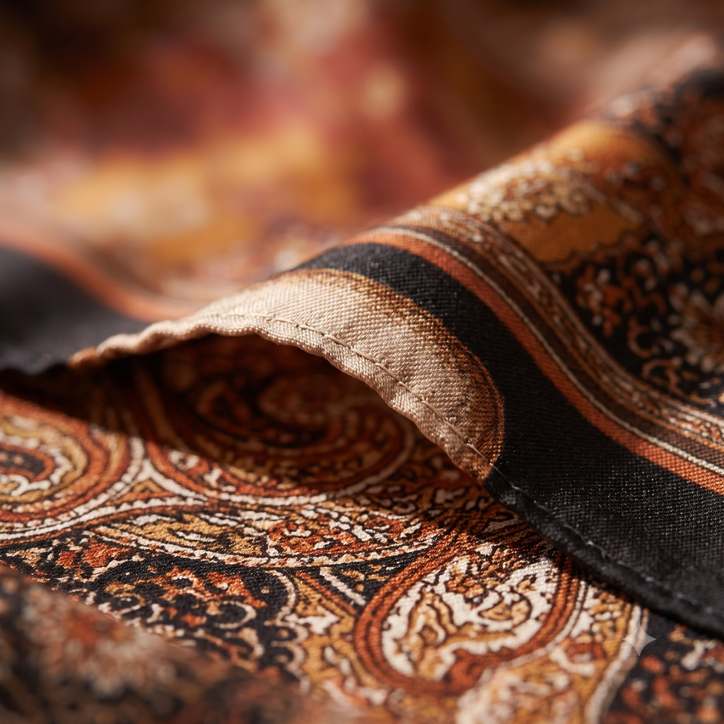 Paisley Silk Scarf - Brown colourway, close detail of print and hand-rolled hem