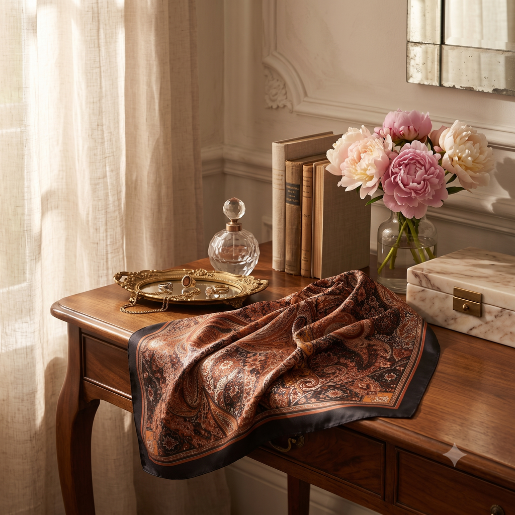 Paisley Silk Scarf - Brown colourway on a vintage vanity with peonies