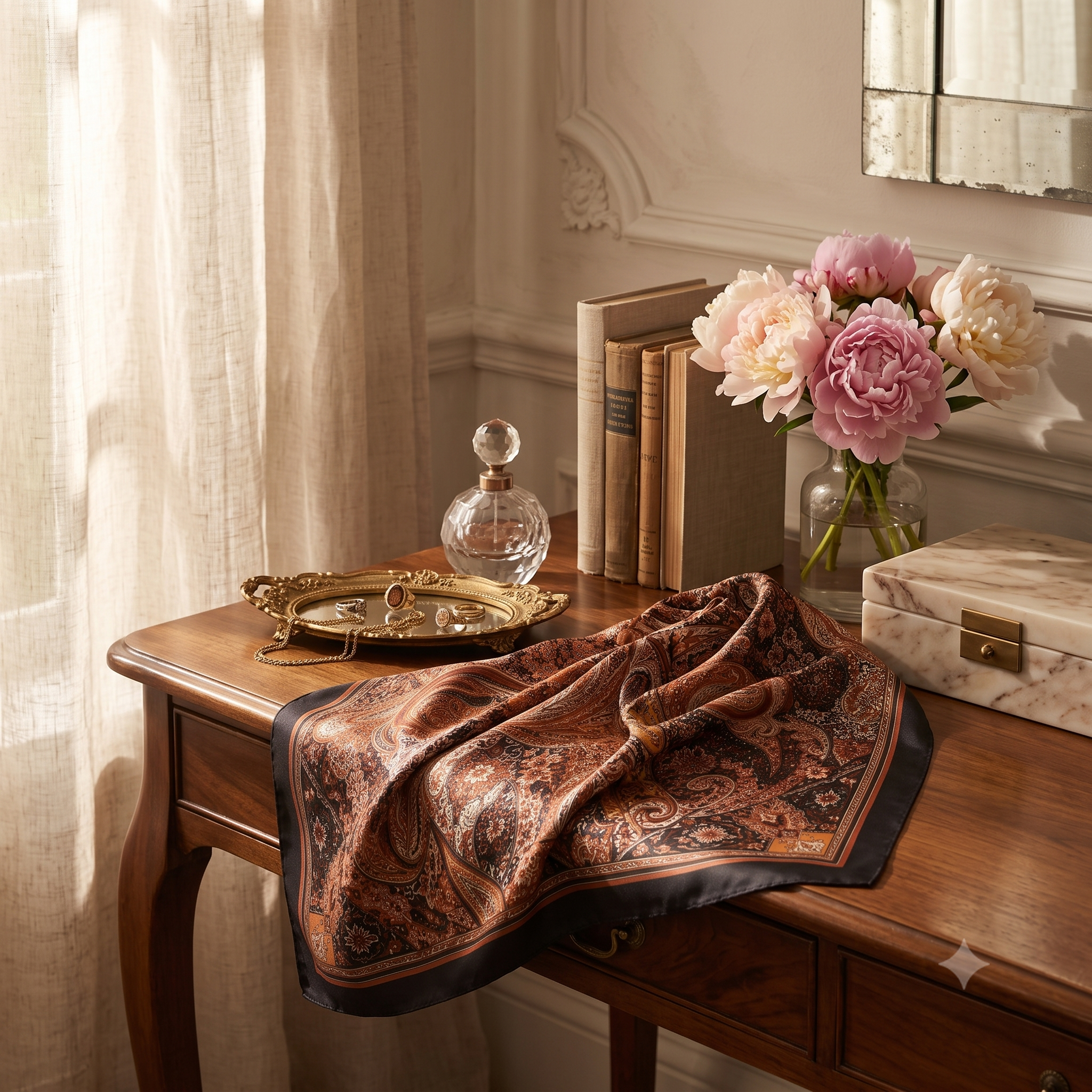 Paisley Silk Scarf - Brown colourway on a vintage vanity with peonies