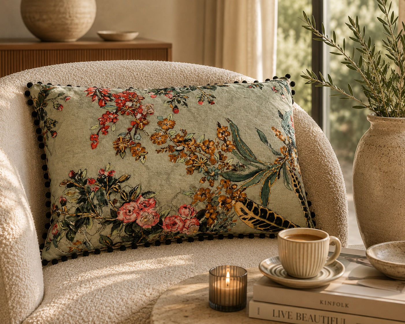 Pheasant Feather bolster cushion resting on a cream armchair beside a coffee cup