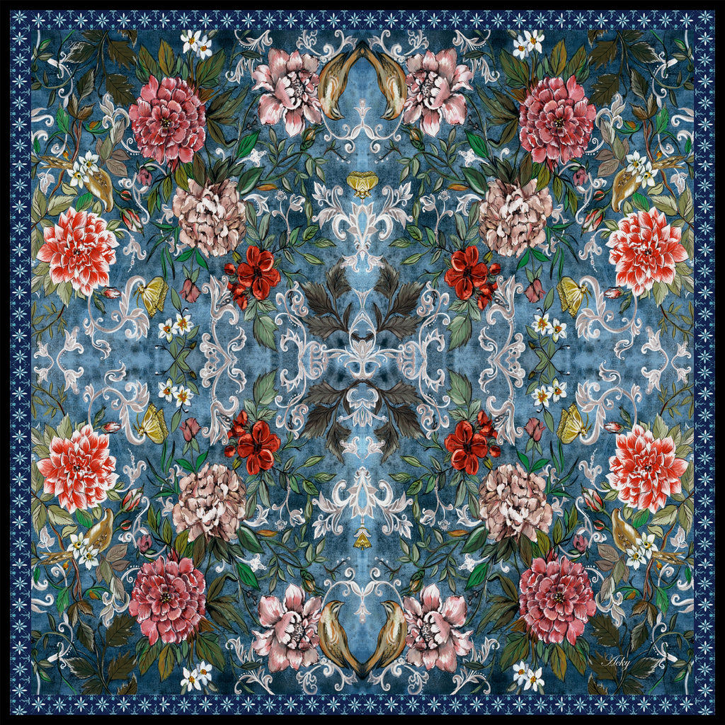 Blue damask silk pocket square — red florals on deep blue with ditsy border, flat catalogue