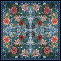 Blue damask silk pocket square — red florals on deep blue with ditsy border, flat catalogue