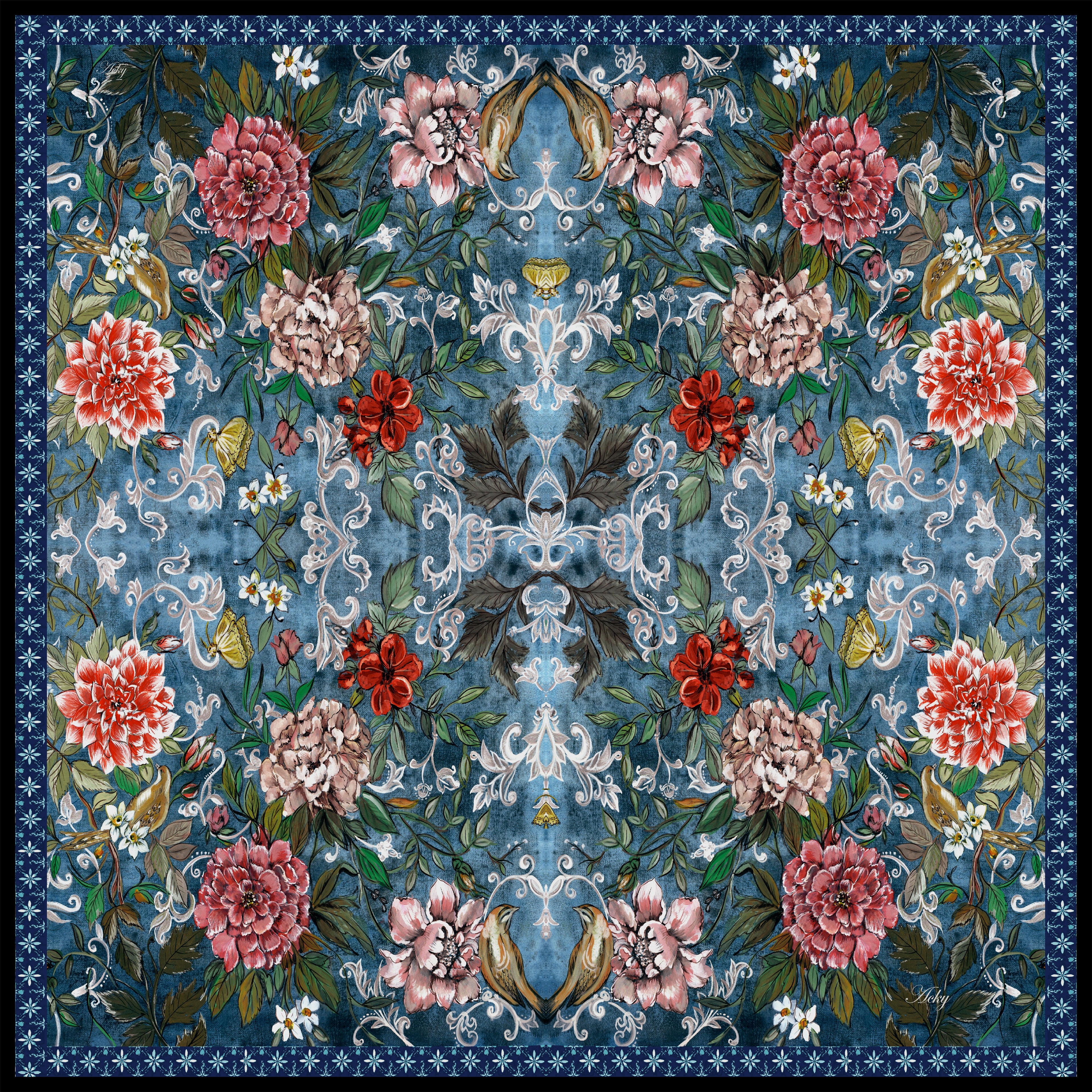 Blue damask silk pocket square — red florals on deep blue with ditsy border, flat catalogue