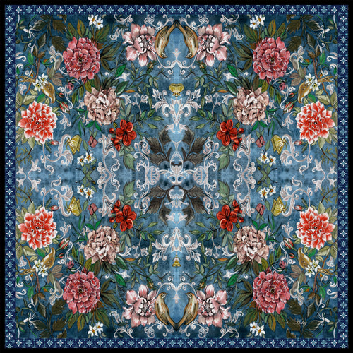 Blue damask silk pocket square — red florals on deep blue with ditsy border, flat catalogue