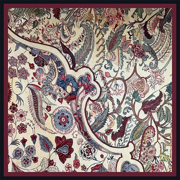 Jacobean paisley silk pocket square — blue and red paisley on cream with burgundy border, flat catalogue