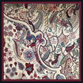 Jacobean paisley silk pocket square — blue and red paisley on cream with burgundy border, flat catalogue